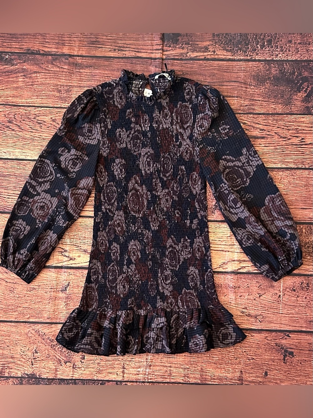 Zara Womens M Flounce Dress Black Floral Drop Waist Mini Long Sleeve Ruffle